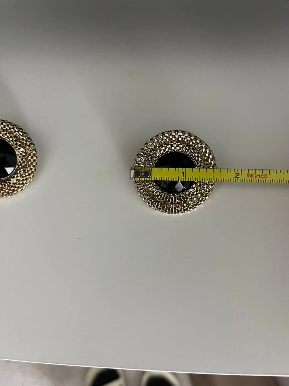 Gold Round Stud Earrings with Black Gemstone Inlay
